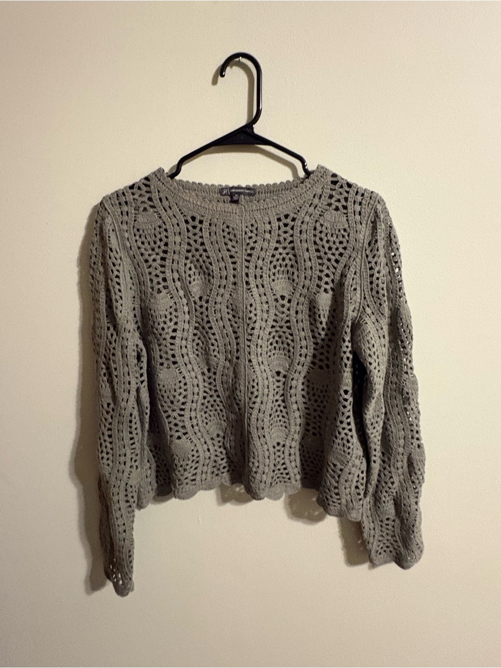 Adrianna Papell Gray Open-Knit Wave Crewneck Sweater